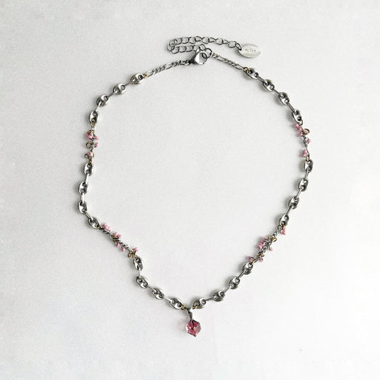 Collier - Strass rose & grains de café