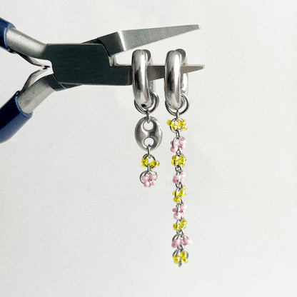 Paire de boucles - Perles de rocailles rose et jaune