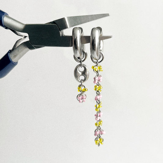 Paire de boucles - Perles de rocailles rose et jaune