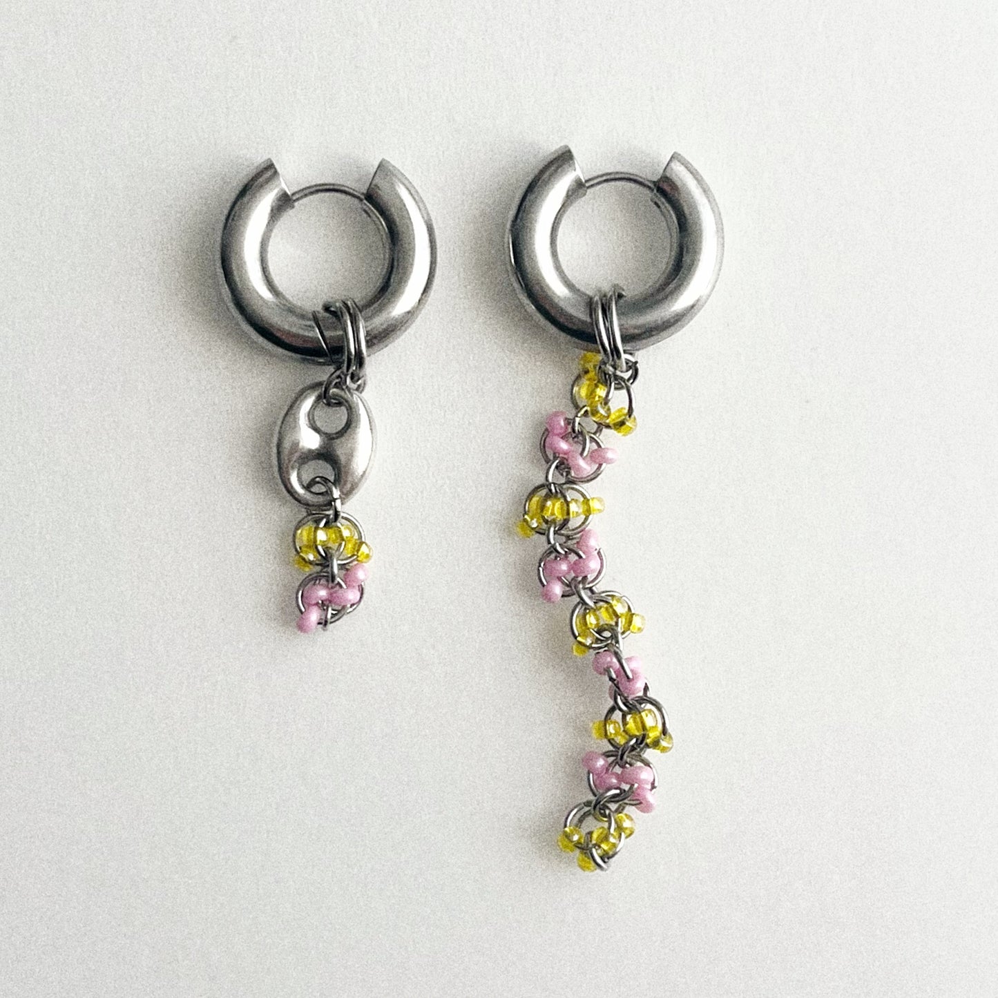 Paire de boucles - Perles de rocailles rose et jaune