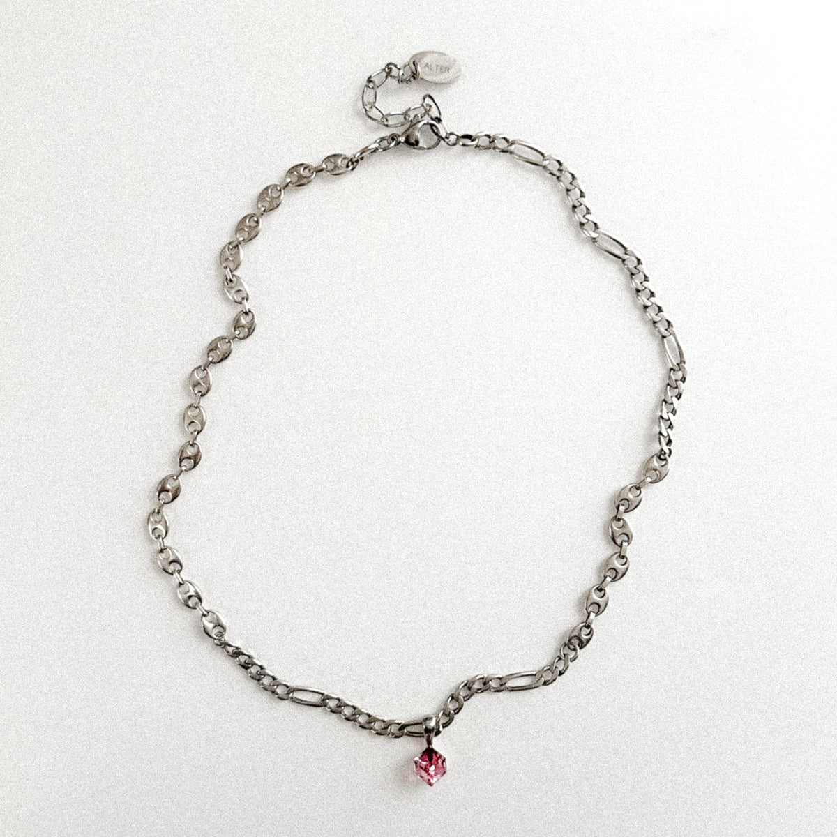 Collier - Mailles argent & Pendentif rose